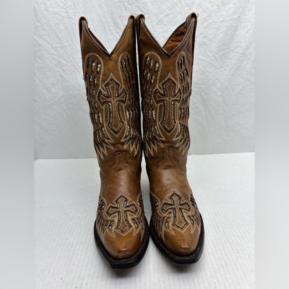 Innovation Brown Embroidered Cross Western Cowgirl Boots SZ 6